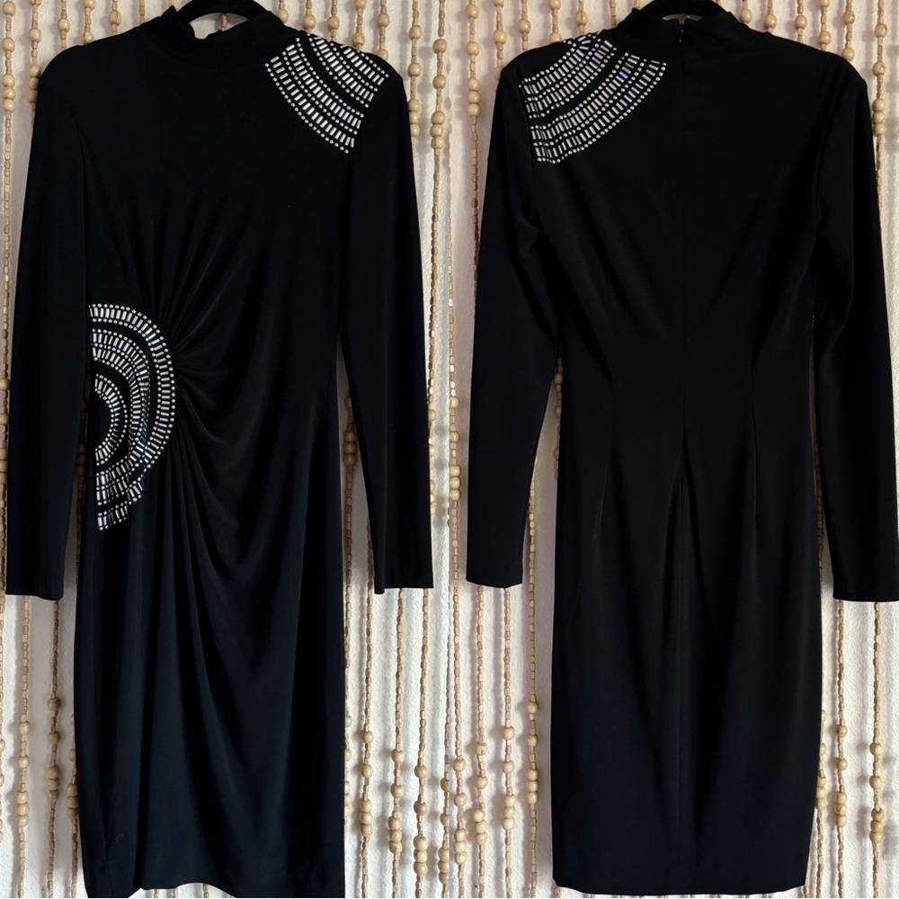 Cache Black Long Sleeve Silver Stud Embellished Bodycon Career Formal Dress Med